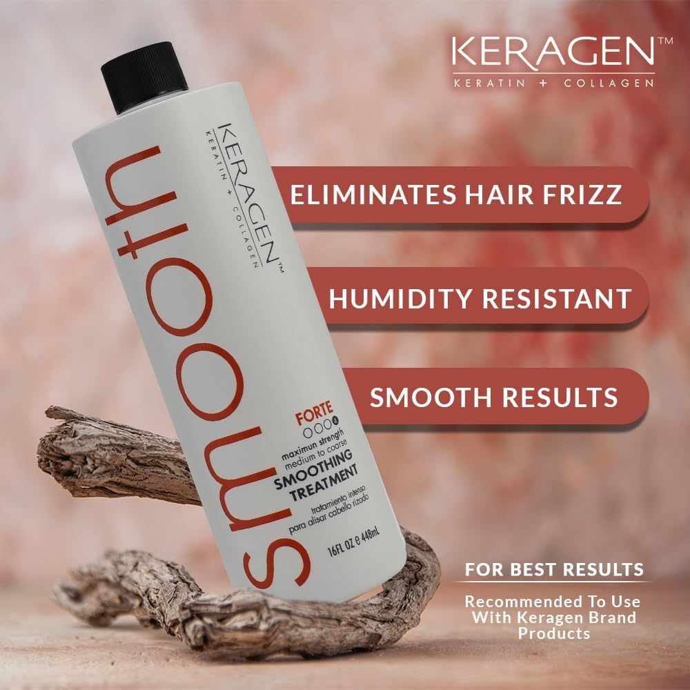 KERAGEN - Brazilian Smoothing Keratin Hair Treatment, Blowout Straightening System for Dry and Damaged Hair - Forte, Sulfate Free - Eliminates Curls and Frizz, Medium to Coarse Hair (16 Oz)