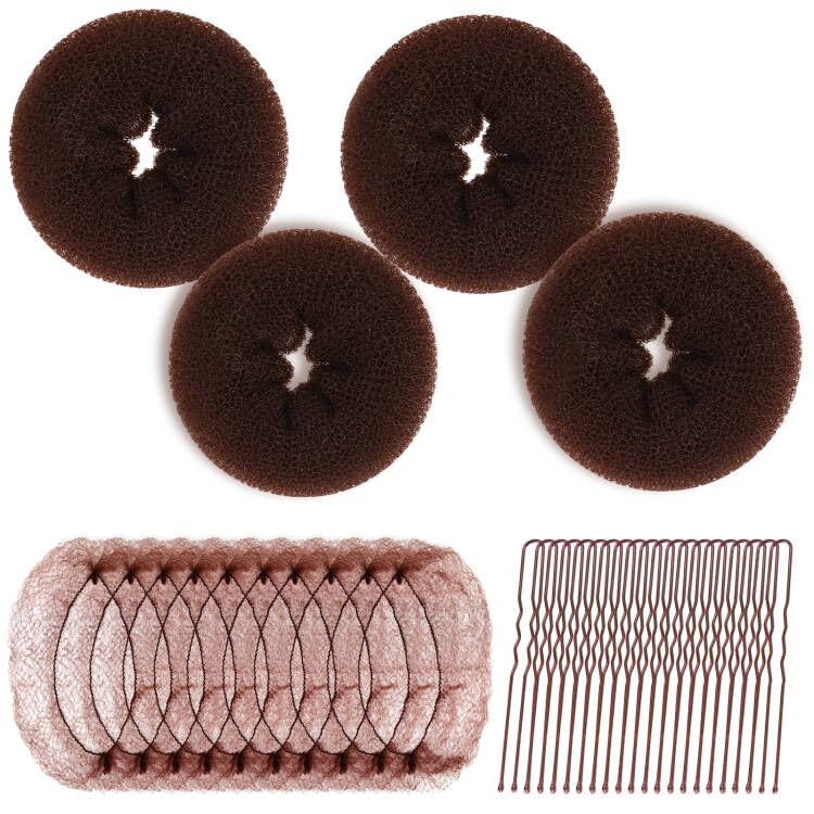 Teenitor Hair Bun Maker Kit - 4pcs Medium Donut Shapers, 10pcs Invisible Nets, 10pcs Bobby Pins, Crown Shaper Set