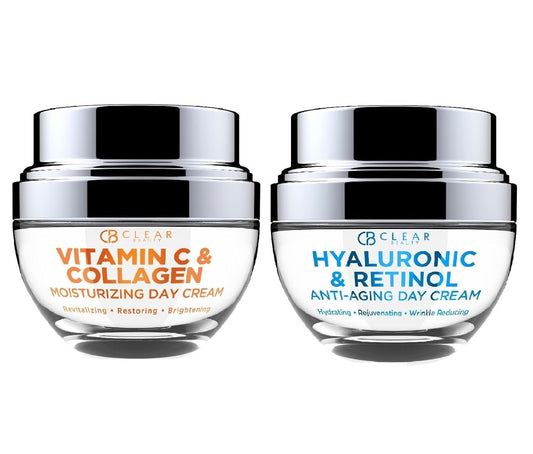 Clear Beauty Vitamin C & Collagen + Hyaluronic Acid & Retinol Moisturizer - Dermatologist Tested, Anti-Aging, Fine Lines & Wrinkles Treatment, Korean Skin Care, All Skin Types - Value Set