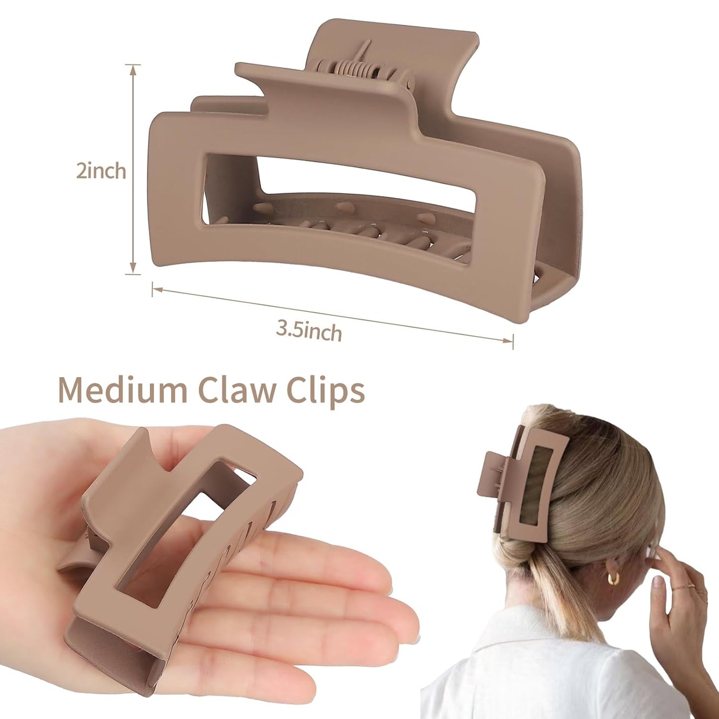 3.5 Inch Medium Hair Claw Clips 6 Pack for Women - Square Rectangle Banana Jaw Clips Accessories for Girls - Chocolate