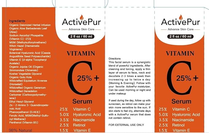 25% Best Vitamin C Serum for Face (2 Oz/60 ml) Vitamin E+B5 Hyaluronic Acid Serum Face Retinol Ferulic Acid Niacinamide Collagen Anti Aging Age Spots Eye circles Vitamin C face Serum
