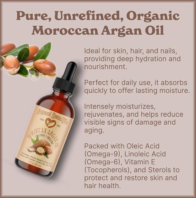Natural Born Oils Moroccan Argan Oil, 16oz, Organic, Cold-Pressed, Vitamin E & Antioxidants, Deep Skin Hydration, Hair Strengthener