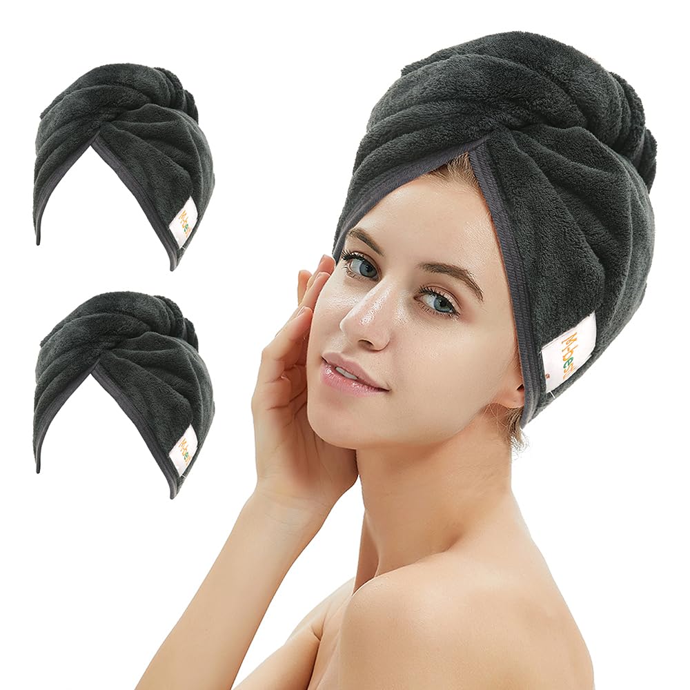 2 Pack Microfiber Hair Towel Wrap,Hair Drying Towel with Button,Absorbent and Anti-frizz Head Towel to Dry Curly or Straight Hair Quickly (Black)