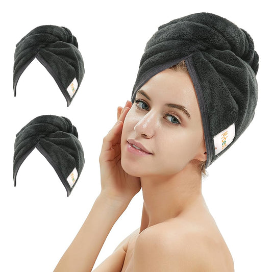 2 Pack Microfiber Hair Towel Wrap,Hair Drying Towel with Button,Absorbent and Anti-frizz Head Towel to Dry Curly or Straight Hair Quickly (Black)