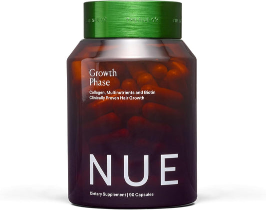 The Nue Co. Growth Phase Supplement, Supports Hair Growth, Reduces Breakage, Thicker & Fuller Hair, Contains Vitamins, Reishsi Mushrooms, Proteins & Adaptogens, Vegan, Gluten Free, 90 Capsules