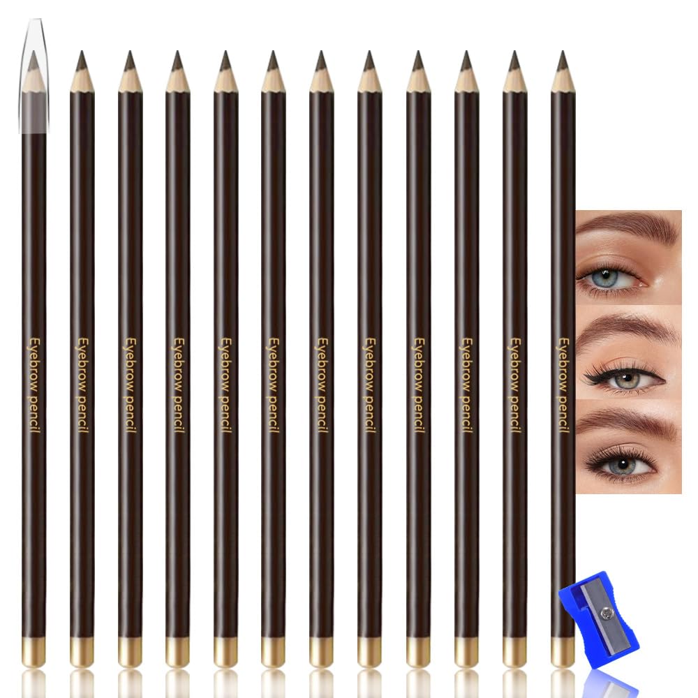 12Pcs Eyebrow Pencils for Women,Wooden Hard-Core Medium Brown Eyebrow and Eyeliner Pencil,Long Lasting Waterproof and Sweat-Proof,Beginner Makeup Brow Pencil,Create a Natural Eye Brow Makeup,Vegan