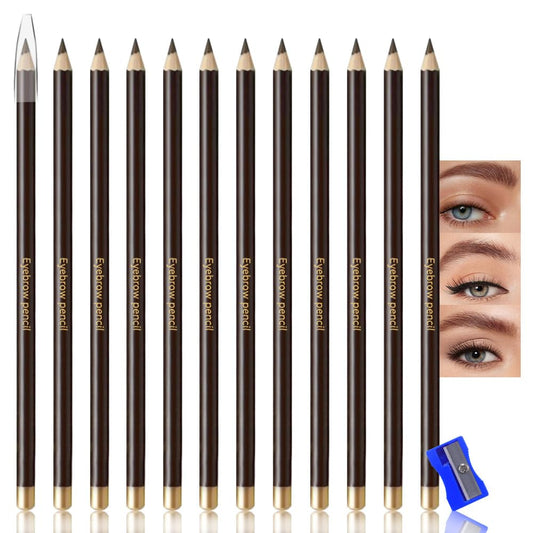 12Pcs Eyebrow Pencils for Women,Wooden Hard-Core Medium Brown Eyebrow and Eyeliner Pencil,Long Lasting Waterproof and Sweat-Proof,Beginner Makeup Brow Pencil,Create a Natural Eye Brow Makeup,Vegan