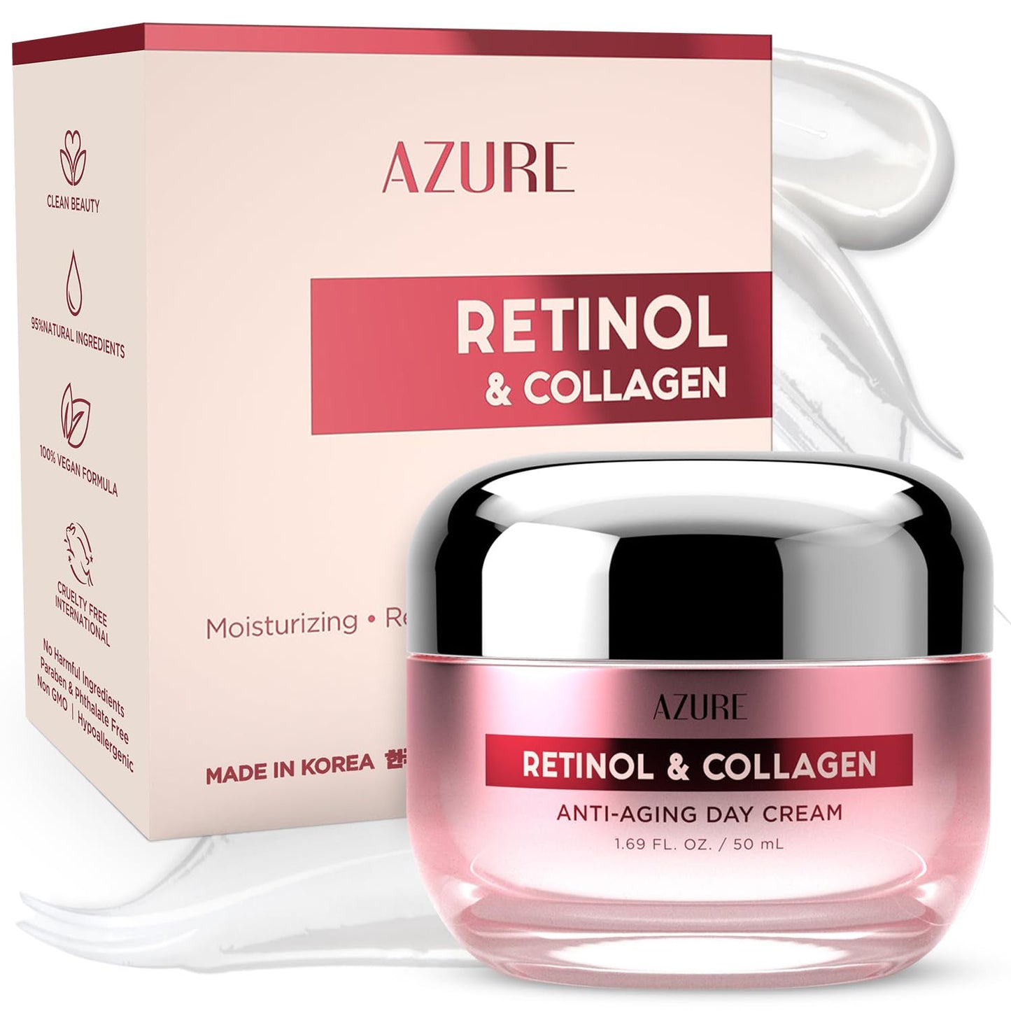 Azure Cosmetics Retinol & Collagen Moisturizer For Face - Dermatologist Tested, Anti-Aging - Skin Tightening, Fine Lines and Wrinkles Treatment Face Cream - Korean Skin Care - All Skin Type 1.69 fl oz