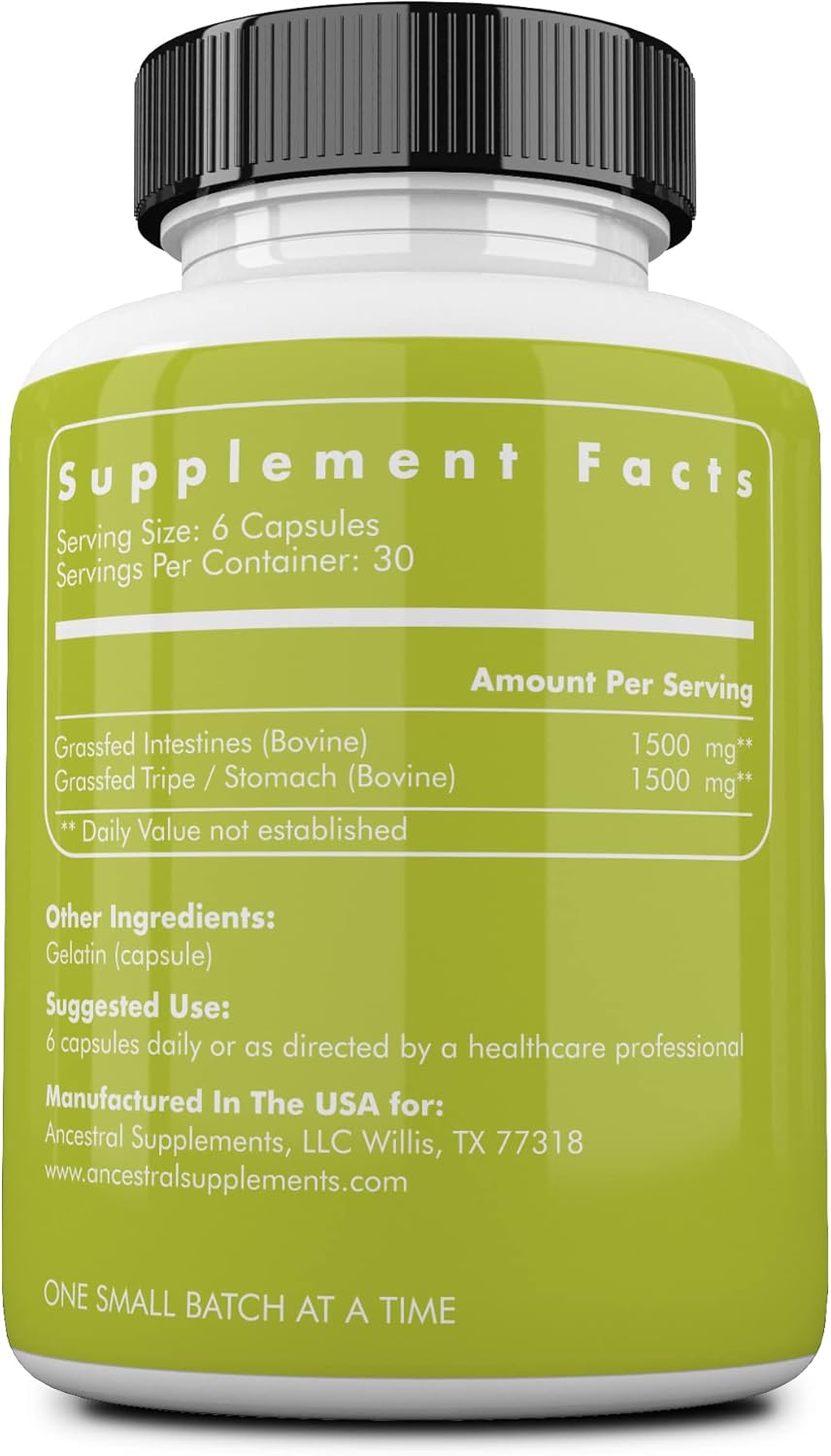 Ancestral Supplements Grass Fed Beef Intestines with Stomach (Tripe), 3000mg, Digestion Supplement Supports Acid Reflux and Gut, Intestine and Digestive Health, Non GMO, 180 Capsules