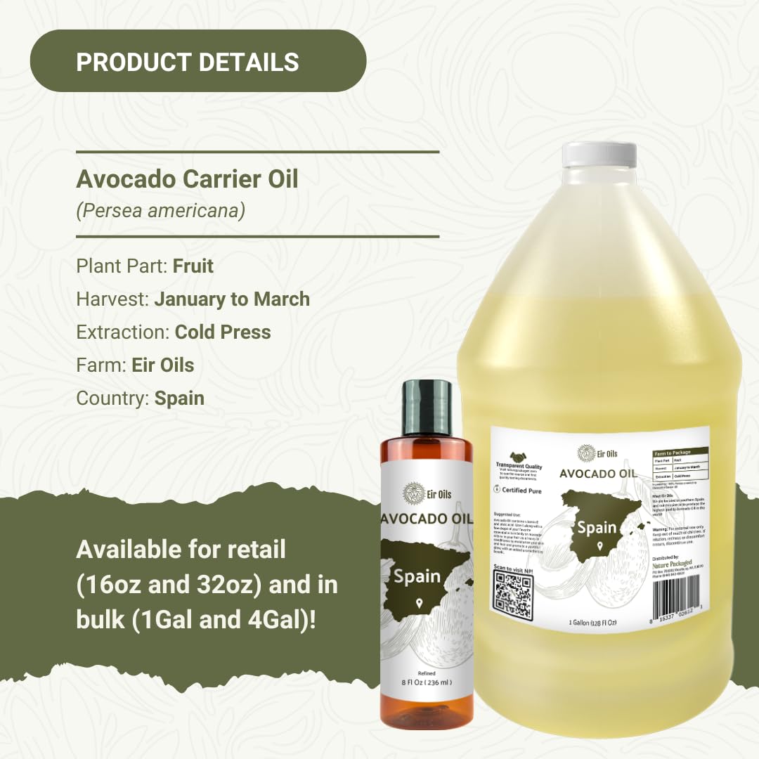 Avocado Oil - Direct from EIR Oils Farm in Spain - 100% Pure Carrier Oil for Hair, Face, and Skin - Hand-Picked, Cold-Pressed Carrier Oil - (8oz)
