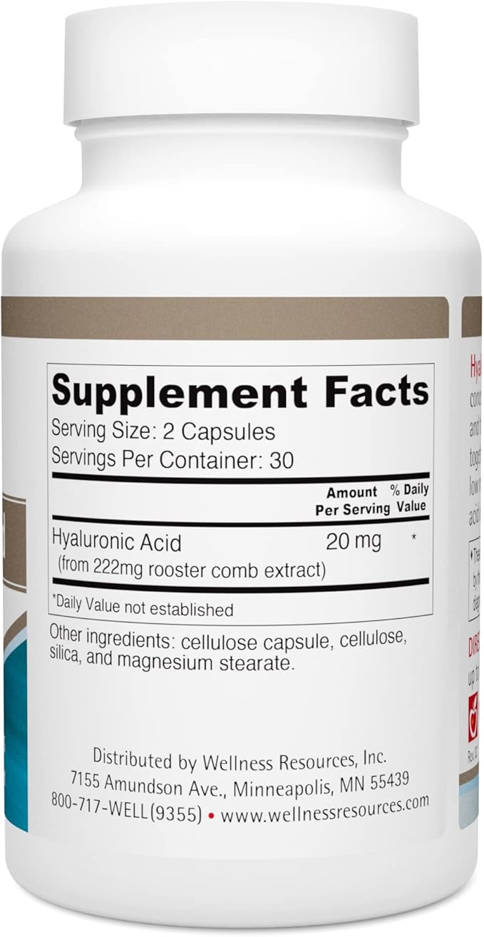 Wellness Resources Hyaluronic Acid from Rooster Comb, 100% Natural Source Low Molecular Weight (60 Capsules)