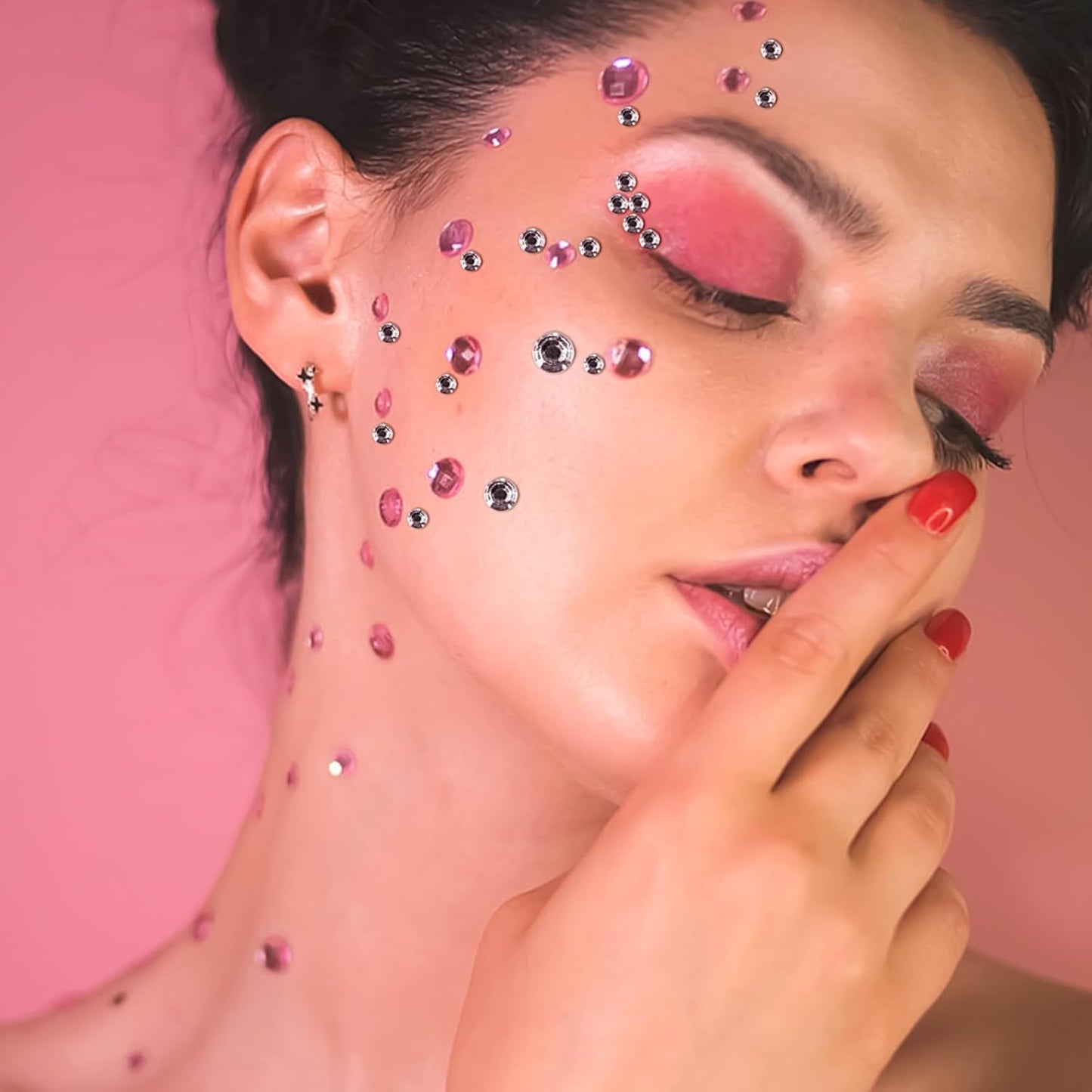 Self Adhesive Face Gems and Pearls for Makeup, Festival Jewels, Hair Gems, Rhinestone Stickers for Face, Eye, Makeup, Nail, Body, Crafts 3/4/5/6 mm 975Pcs (07.gem_White+Pink)