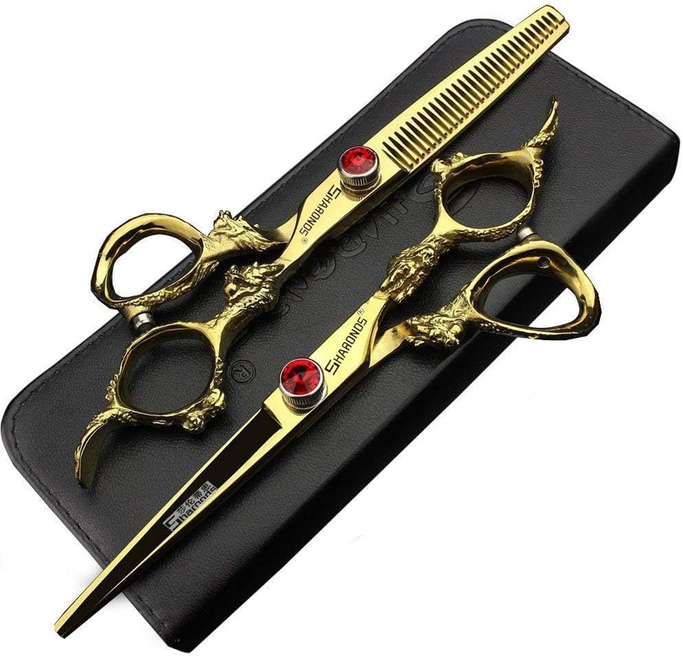 Gold Dragon Professional Hairdressing Scissors - 7/7.5/8 Inch, Gold and Black, 6 Inch 2-Piece Set