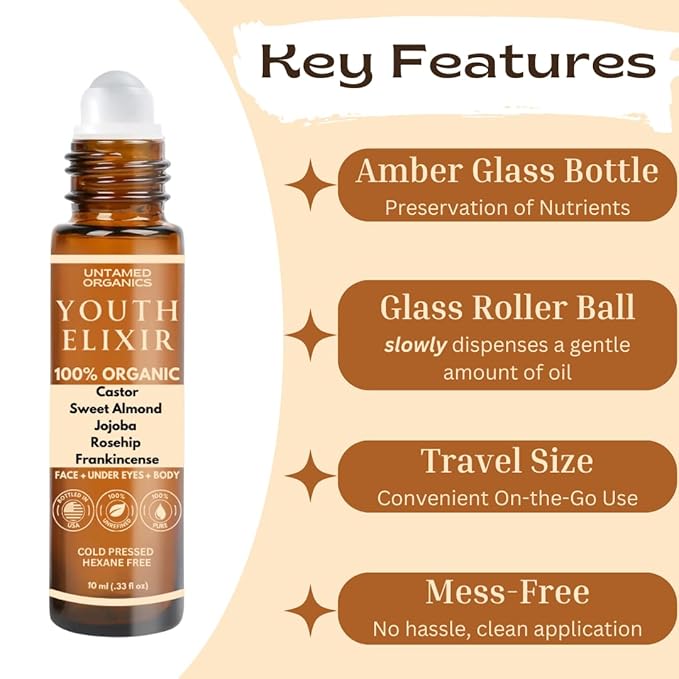 Youth Elixir - Roll On Facial Serum For Under Eyes and Face with Certified Organic, Cold Pressed, Hexane Free Castor, and Frankincense Oil - Miracle Anti-Aging Oil 10mL