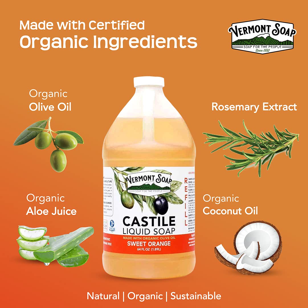 Vermont Pure Castile Soap Orange, Gentle Liquid Soap for Sensitive Skin & Natural Body Wash, Organic Hair Shampoo for Oily Hair, Aloe Castile Soap for Men & Women - 64 Oz