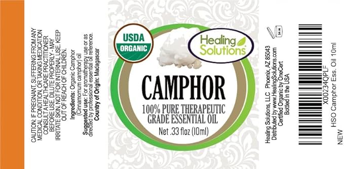 Healing Solutions Camphor Essential Oil 10ml (0.33 oz) – Organic, Pure, Undiluted Camphor Oil, Therapeutic Grade for Hair, Diffuser, & Skin