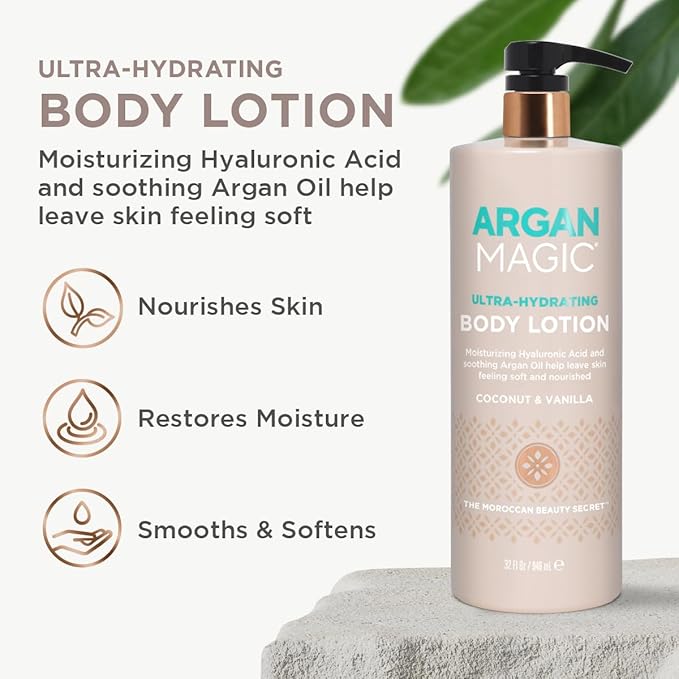 Argan Magic Ultra-Hydrating Coconut & Vanilla Body Lotion with Hyaluronic Acid for Dry Skin - Nourishes Skin, Restores Moisture, Smooths & Softens | Non-Greasy Formula | Paraben Free (32 oz)