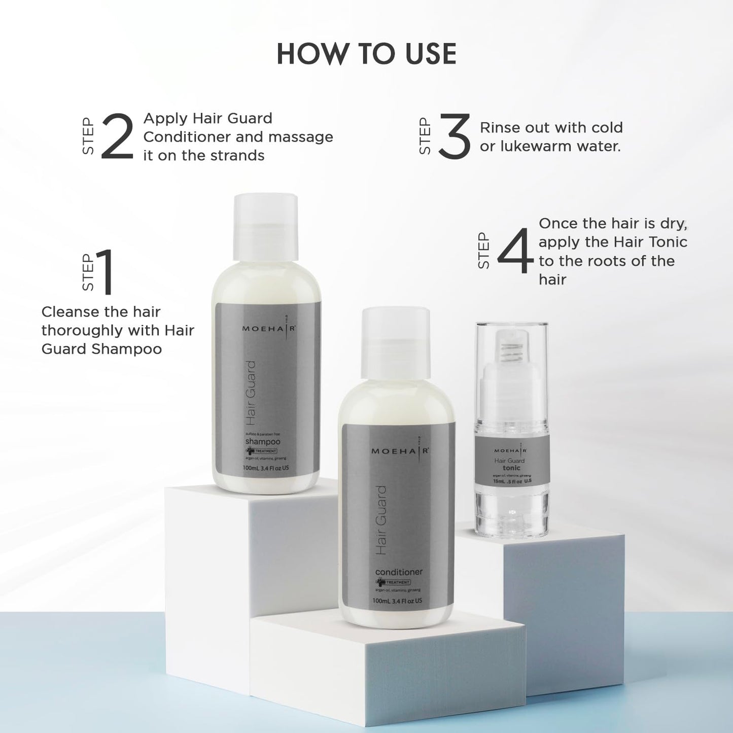 MOEHAIR Travel Trio Pack of Hair Guard Shampoo & Conditioner (3.4 Fl. Oz) with Hair Tonic (0.5 Fl. Oz) | Travel-Friendly | Improves Hair & Scalp Health | Paraben & Sulfate Free