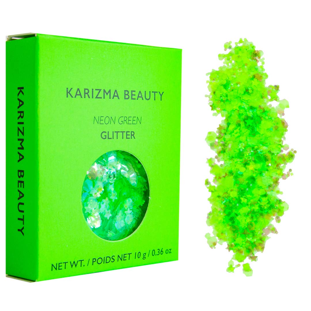 KARIZMA Neon Nights! 4x 10g Chunky Face, Hair, Eye & Body Glitter Set - Neon Yellow, Pink, Orange, Green - Festival, Rave & Event Glitter