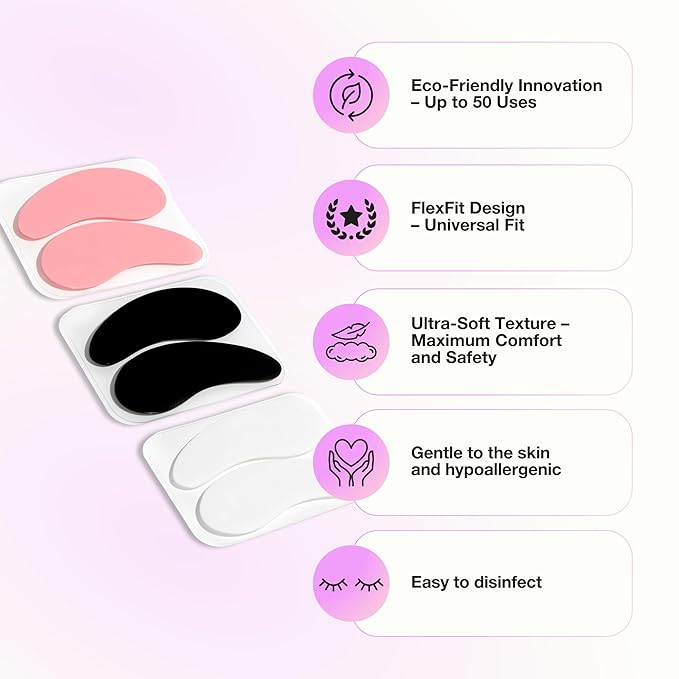 Curacoro Reusable Eye Pads, Silicone Under Eye Patches Lash Lift Cover Eyelash Extension | Soft Pads for Sensitive Skin during Eyelash Perm Lamination & Lash Extensions Remover (Black, Style 3)