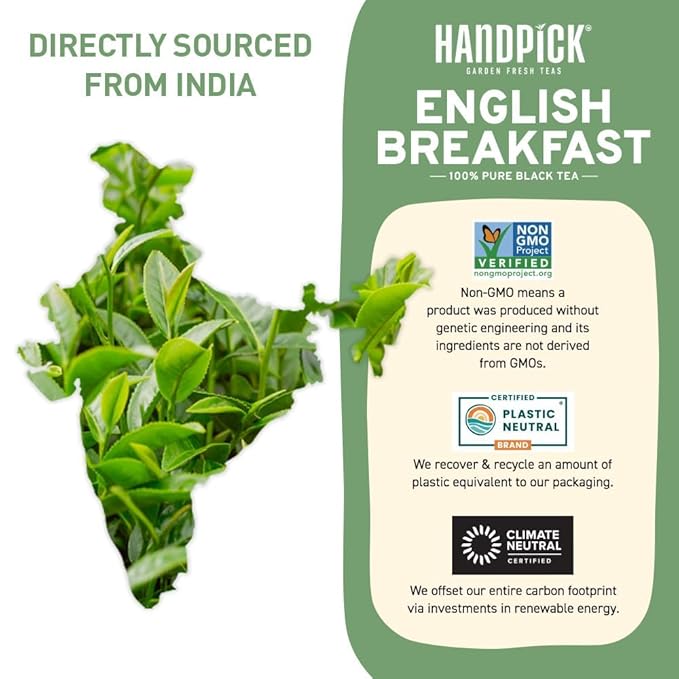 HANDPICK, Organic English Breakfast Black Tea Bags (100 Count) USDA Organic, Non-GMO | Strong, Robust, High-Caffeine Black Tea | Eco-conscious Tea Bags, Brew English Breakfast Tea & Kombucha Tea