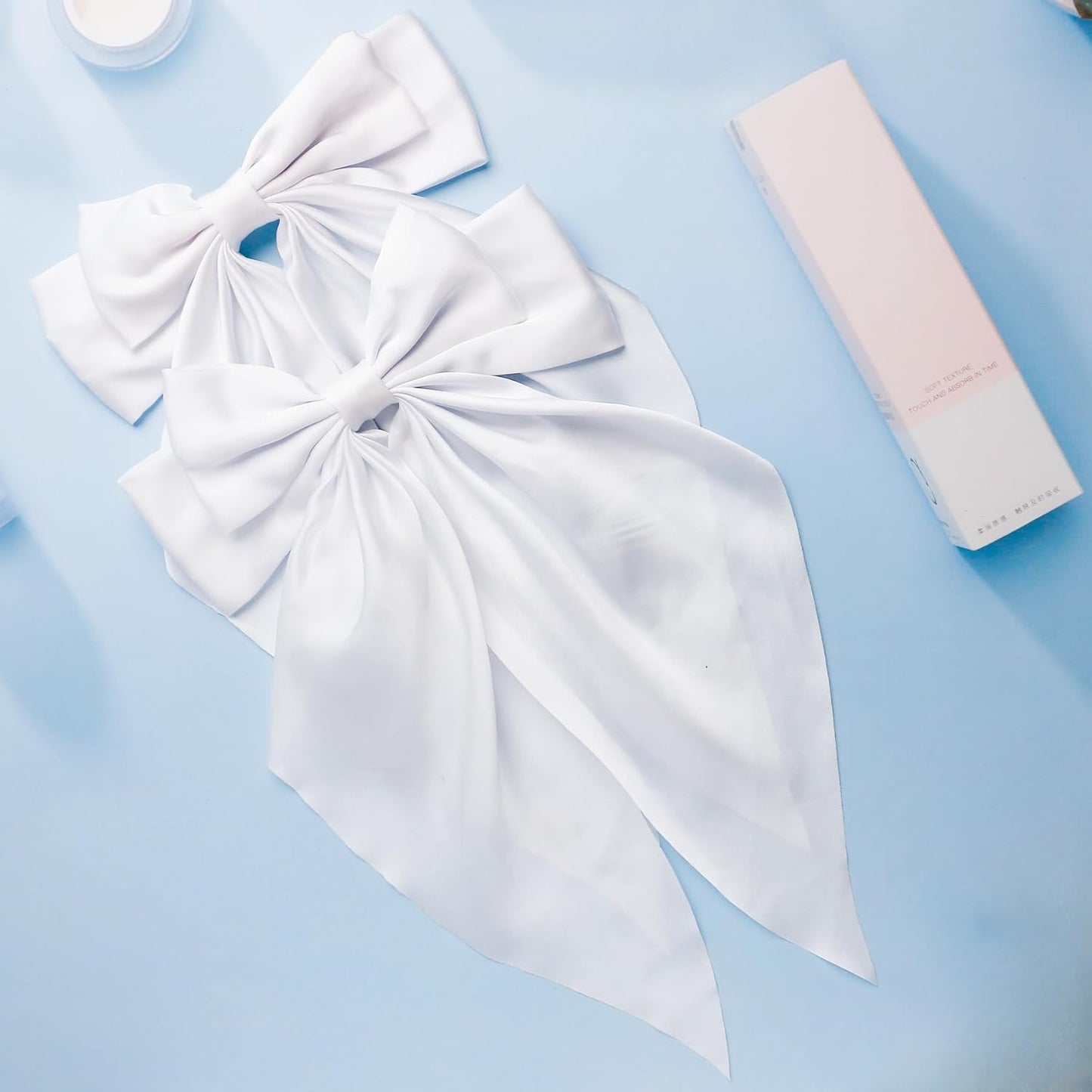 TULOBI 2Pcs Silky Satin Hair Bows for Women with Long Tail Coquette Big Hair Ribbon Hair Clip Aesthetic Hair Accessories - White
