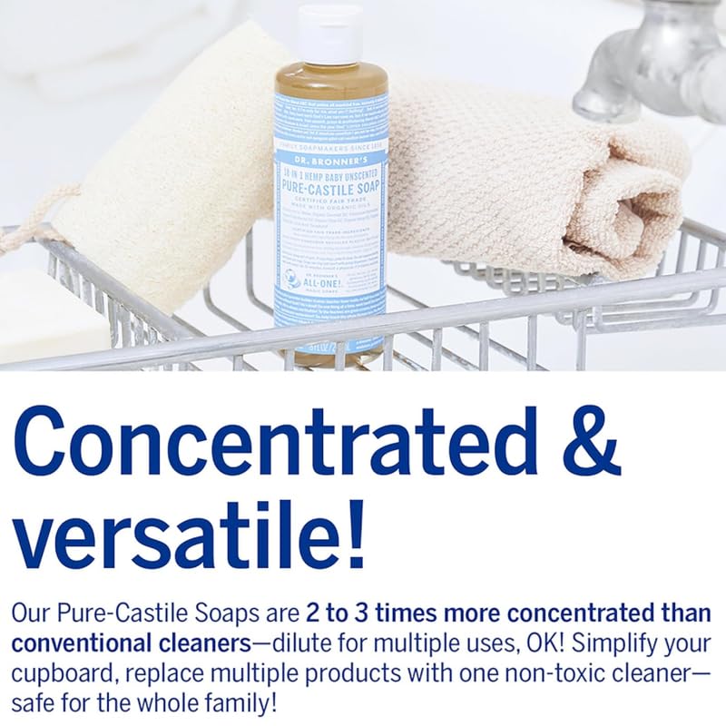 Dr. Bronner's Pure-Castile Magic Liquid Soap (Baby Unscented, 8 Ounce)- Made with Regenerative Organic Certified Oils, For Face, Body Wash, Baby Soap, Sensitive Skin, No Added Fragrance, Vegan