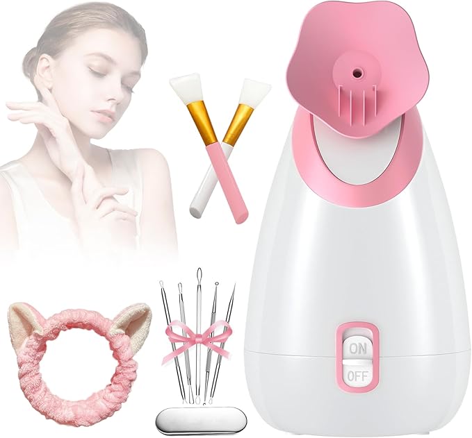 AUSSEN Facial Steamer,Nano Ionic Hot Mist Face Steamer Humidifier Atomizer Deep Cleaning Unclogs Pores Sinuses with Stainless Steel Skin Kit Brushes Hair Band for Home Facial Sauna Spa