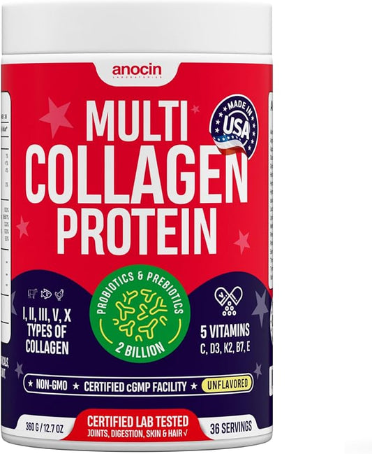 Multi Collagen Peptides with Probiotics + Type I, II, III, V, X + Hydrolyzed Collagen Powder with Vitamin C+D3+B7+K2+E Hyaluronic Acid, Supports Skin Hair Nail & Joint, Grass-Fed, Non-GMO