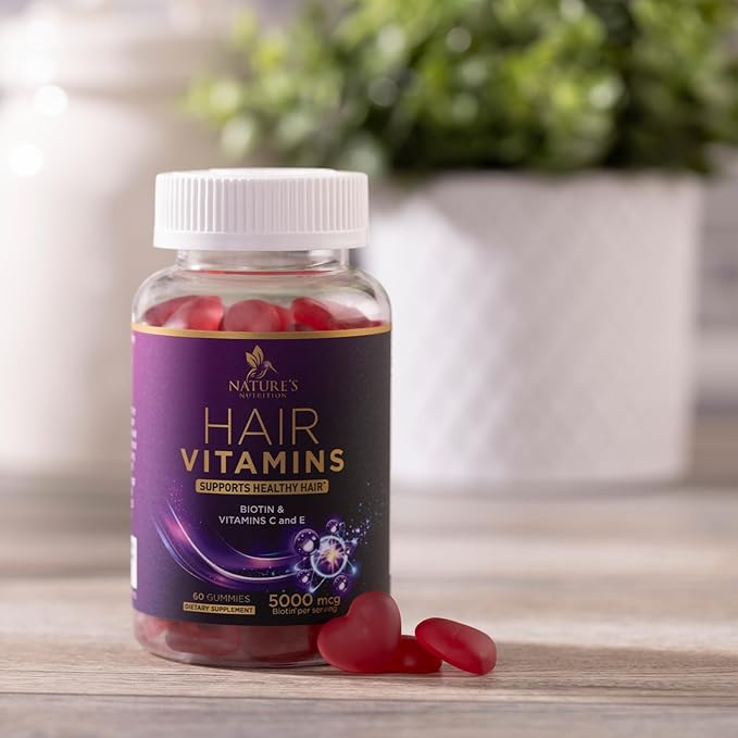 Hair Growth Vitamins Gummy with Biotin 5000mcg - Hair, Skin & Nails Vitamin Supplement for Women & Men, Supports Thicker Hair, Radiant Skin & Stronger Nails with Vitamin E, C & Zinc - 60 Gummies