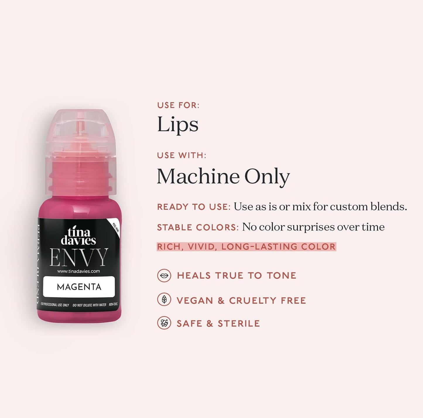 Tina Davies Professional Envy & Lust Lip Pigments - Permanent Lip Makeup - Colors Heal True to Tone - High Retention - Envy Magenta, 1/2oz/15ml Bottle