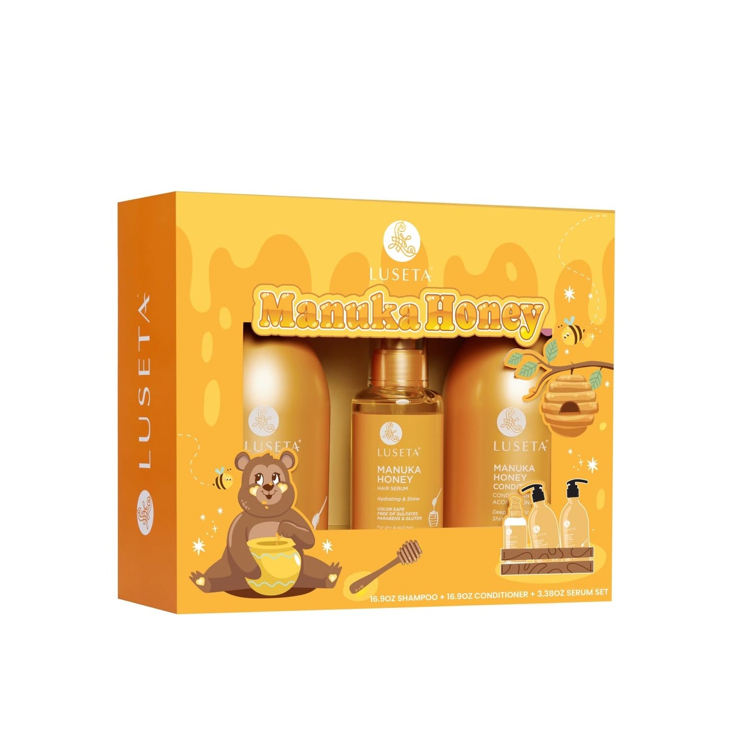 Luseta Manuka Honey Trio Hair Care Set Moisturizing Shampoo and Conditioner Set and Hair Serum Intense Hydration for Dry Hair For Ultimate Shine & Softness