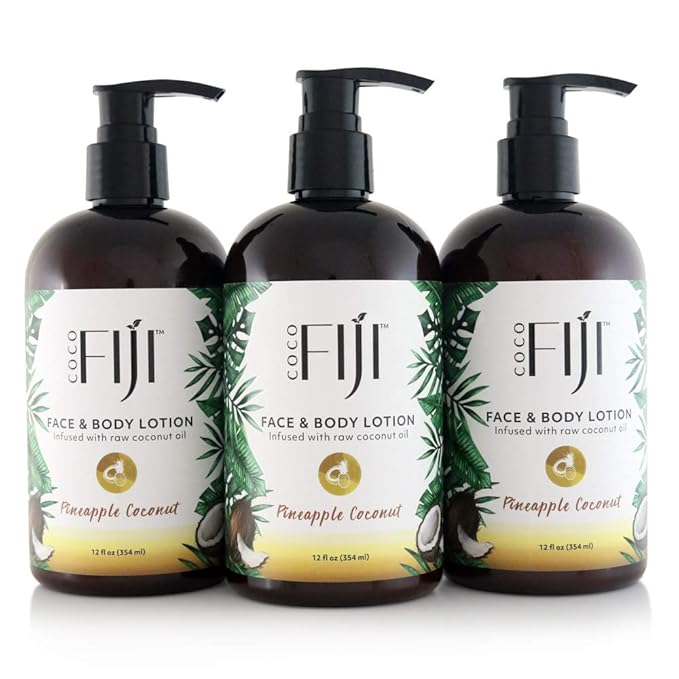 Coco Fiji Face & Body Lotion Infused With Coconut Oil | Lotion for Dry Skin | Moisturizer Face Cream & Massage Lotion for Women & Men | Pineapple Coconut 12 oz, Pack of 3