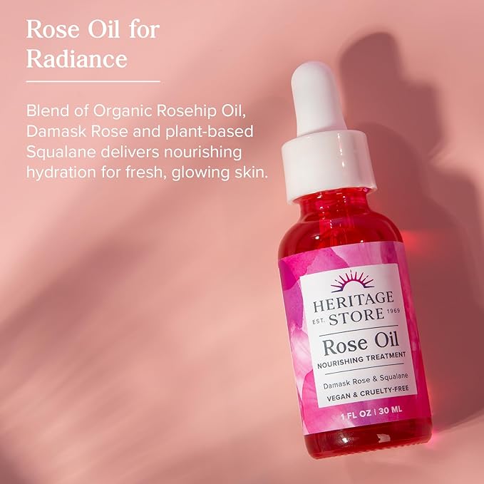 HERITAGE STORE Rosewater Facial Moisturizer and Rose Oil - Fresh Hydration Bundle for Dry to Combination Skin Care - With Hyaluronic Acid and Our Signature Rose Complex - Vegan, Hypoallergenic, 60-Day