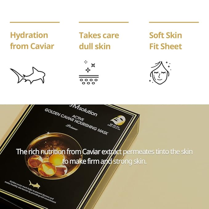 JM Solution Marine Luminous Pearl Deep Moisture 3 Step Skin Care Face Mask - Korean Skincare Facial Mask - boosting Brightening Moisturizing-10 Sheets for Dry Skin (Golden Cavior)