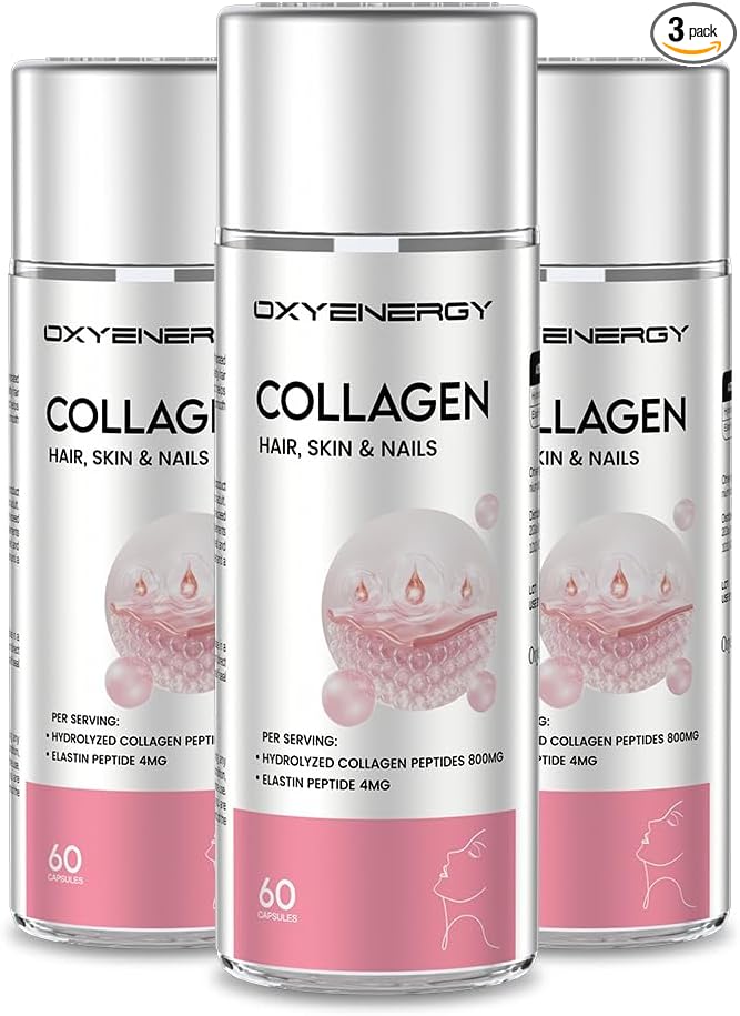OxyEnergy Collagen Peptides Capsules for Women, 800mg Hydrolyzed Collagen(Types I) Supplements with Elastin Peptides, 60 Collagen Pills to Promotes Hair, Nail, Skin, Pack of 3