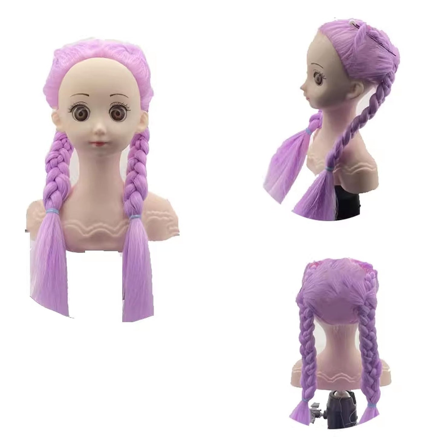 Small Doll Head For Hair Styling,Mini Synthetic Mannequin Head,Doll Head With Clamp Holder & Tools, Practice Doll Head For Hair Braiding,Styling and Cutting with Two Bows (Light purple)