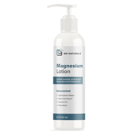 M3 Naturals Unscented Magnesium Lotion for Sleep & Leg Cramps, Suitable for Sensitive Skin, Helps with Muscle Relaxation, Soothes Tired Legs & Foot Aches and Supports Restful Nights, 8 fl oz