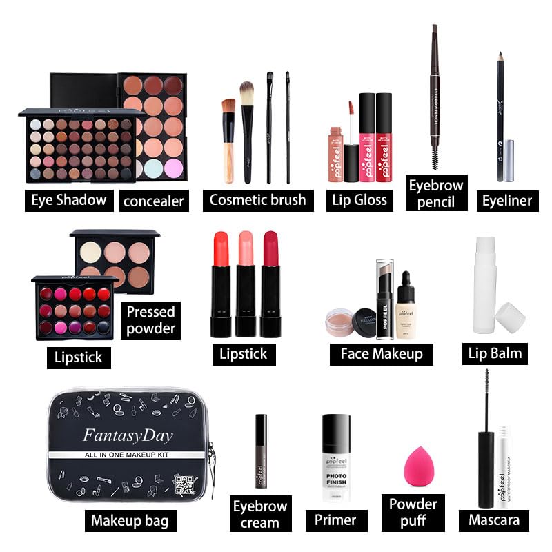 FantasyDay All in One Makeup Kit for Women Full Kit Girls Makeup Gift Sets Xmas Essential Bundle Include Eyeshadow Palette Lipstick Blush Concealer Eyeliner Mascara Foundation Brush Eyebrow Pencil