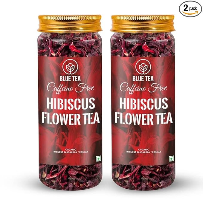 BLUE TEA - Hibiscus Tea - 1.76 Oz - Pack of 2 (100 Cups) Loose | SKIN GLOW ENHANCING TEA | Herbal Tea - Flower Based - Non-Bitter - Caffeine Free - Tangy Flavour - Vegan | Reusable Pet Jar