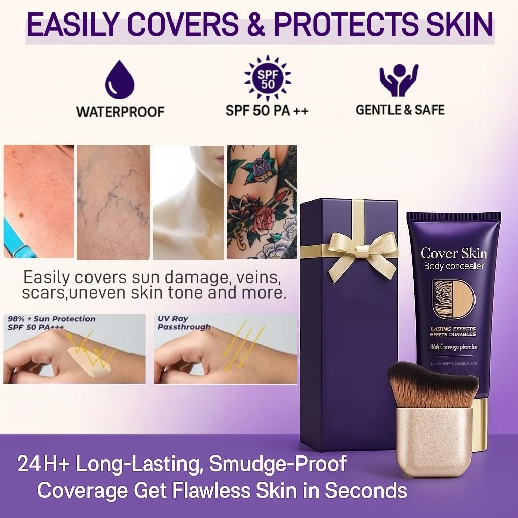 Waterproof Body Concealer with Brush – Waterproof Full Coverage Body Foundation for Scars, Stretch Marks & Tattoos – Streak-Free Leg & Arm Makeup for Even Skin Tone and Natural Radiant Finish