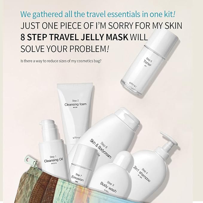 I'M SORRY FOR MY SKIN 8-Step Skincare Travel Essentials Kit, Korean Skin Care Set All in 1, Face Wash, Body Cleansing, Face Moisturizer, Girls Trip and Gift for Women, 8 Products in One (3 set)