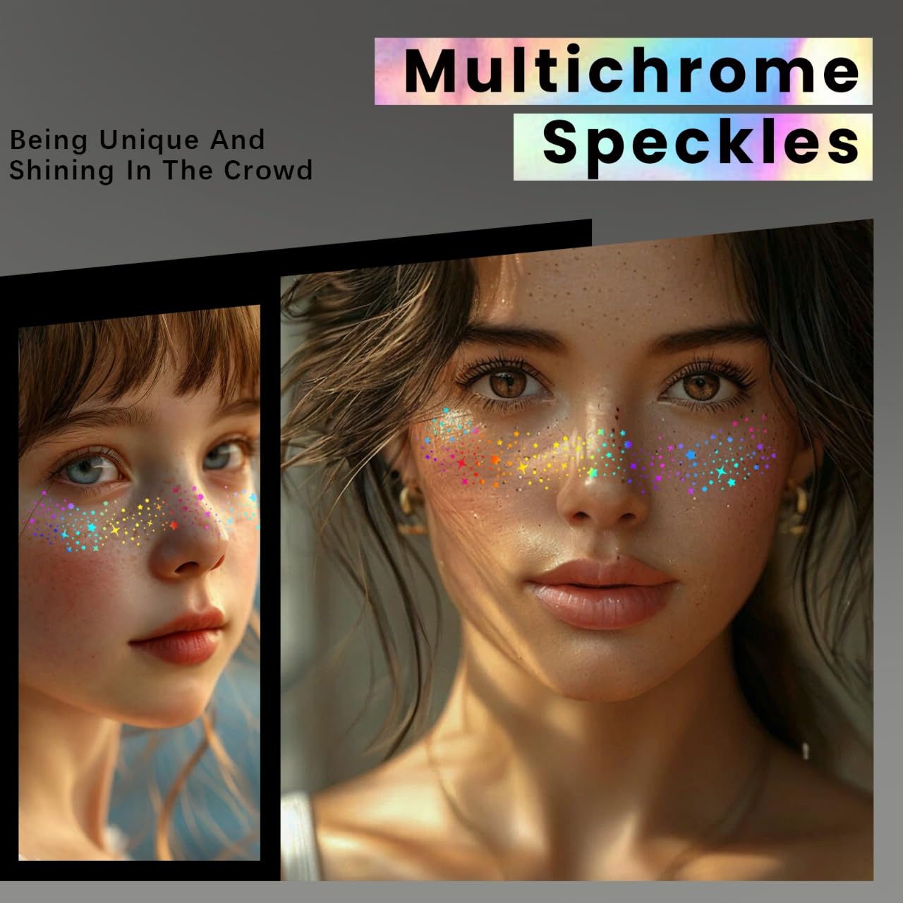 24pcs Face Glitter Freckles Tattoo, Holographic Chameleon Body Glitter Faux Freckle Stickers for Women Girls, Sparkle Star Speckles Makeup Patches Concert Festival Rave Cosplay Accessories