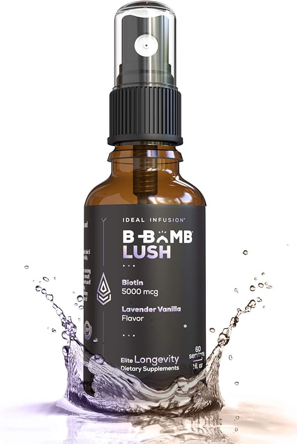 Ideal Infusion B-Bomb Lush Biotin Liquid Spray: Organic Lavender Vanilla - 5000mcg, Hair Growth Vitamin for Thickness and Volume - Skin Health, Stronger Nails, Keto, Vegan
