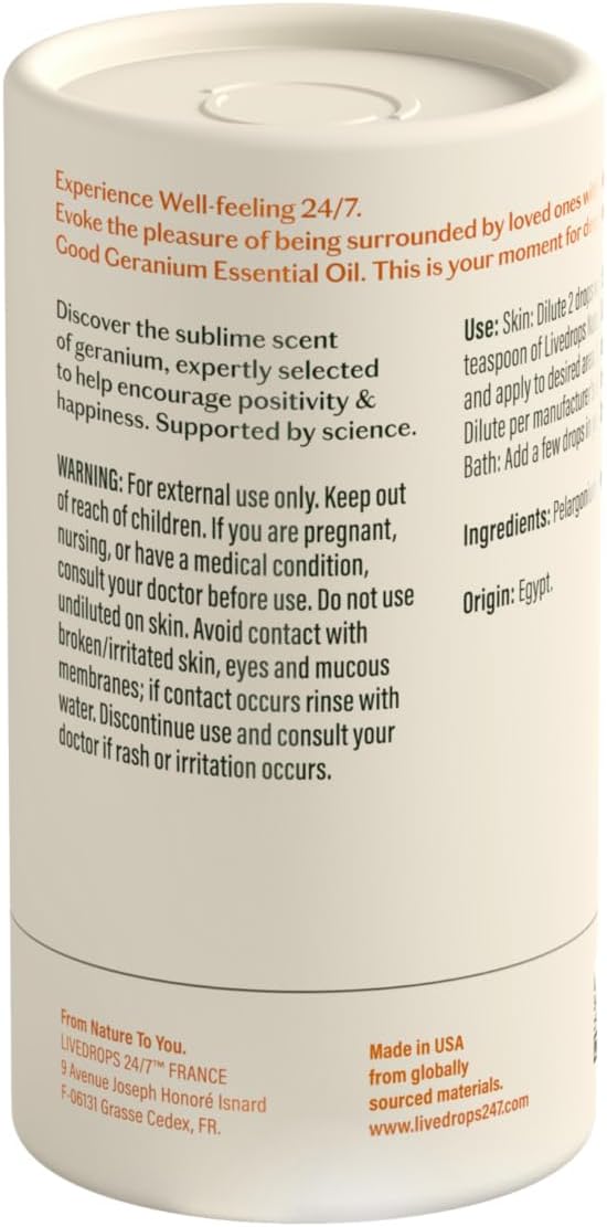 LIVEDROPS 24/7 Good Geranium Essential Oil - Sublime Scent of Geranium - Crafted in France - Pure & Natural - Aromatherapy - Dilute in Carrier Oil for The Skin or use in a Diffuser