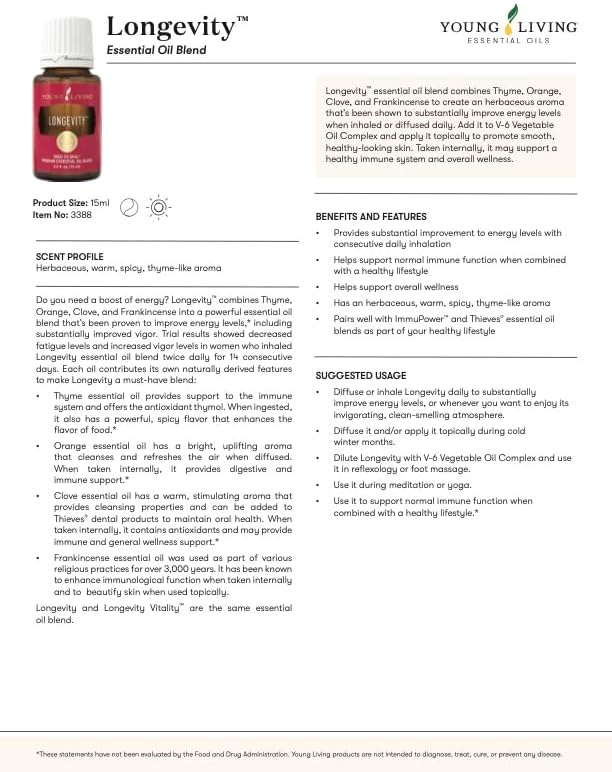 Longevity Essential Oil 15ml by Young Living - Support a Healthy Immune System and Overall Wellness - Has an invigorating and Clean-Smelling Aroma When Diffused
