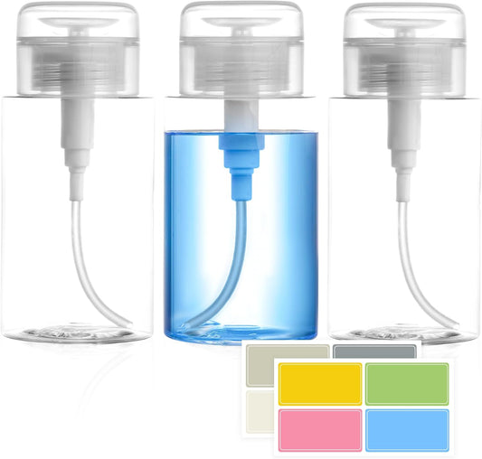 3 Pack Push Down Pump Dispenser,Clear Push Top Empty Bottles with DIY Stickers for Alcohol,Nail Polish,Makeup Remover,Toner (200ml)