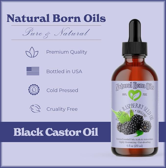 Natural Born Oils Black Raspberry Seed Oil, 16oz, Organic, Cold-Pressed, High in Ellagic Acid, Skin Moisturizer, Hair Health