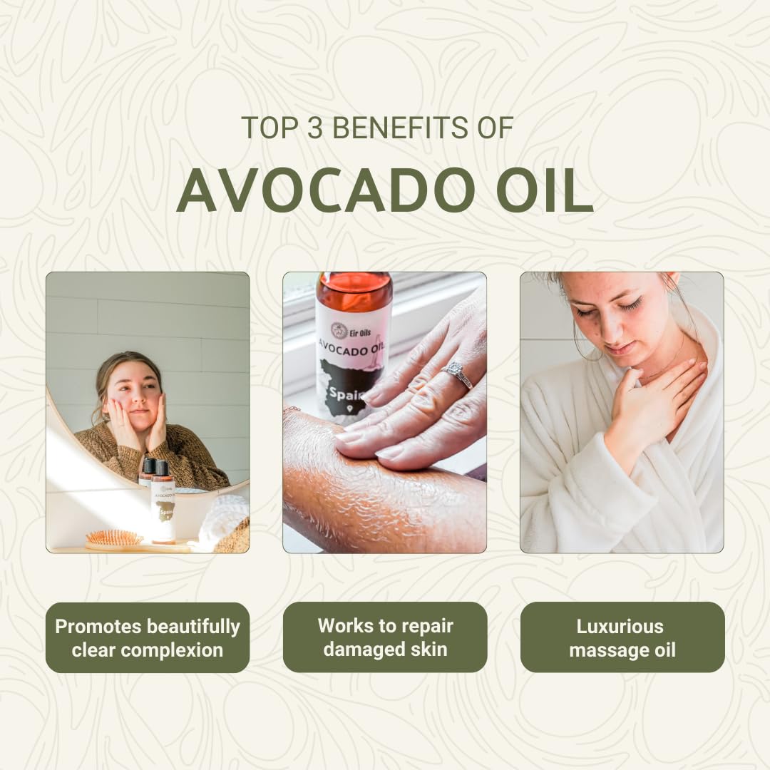 Avocado Oil - Direct from EIR Oils Farm in Spain - 100% Pure Carrier Oil for Hair, Face, and Skin - Hand-Picked, Cold-Pressed Carrier Oil - (16oz)