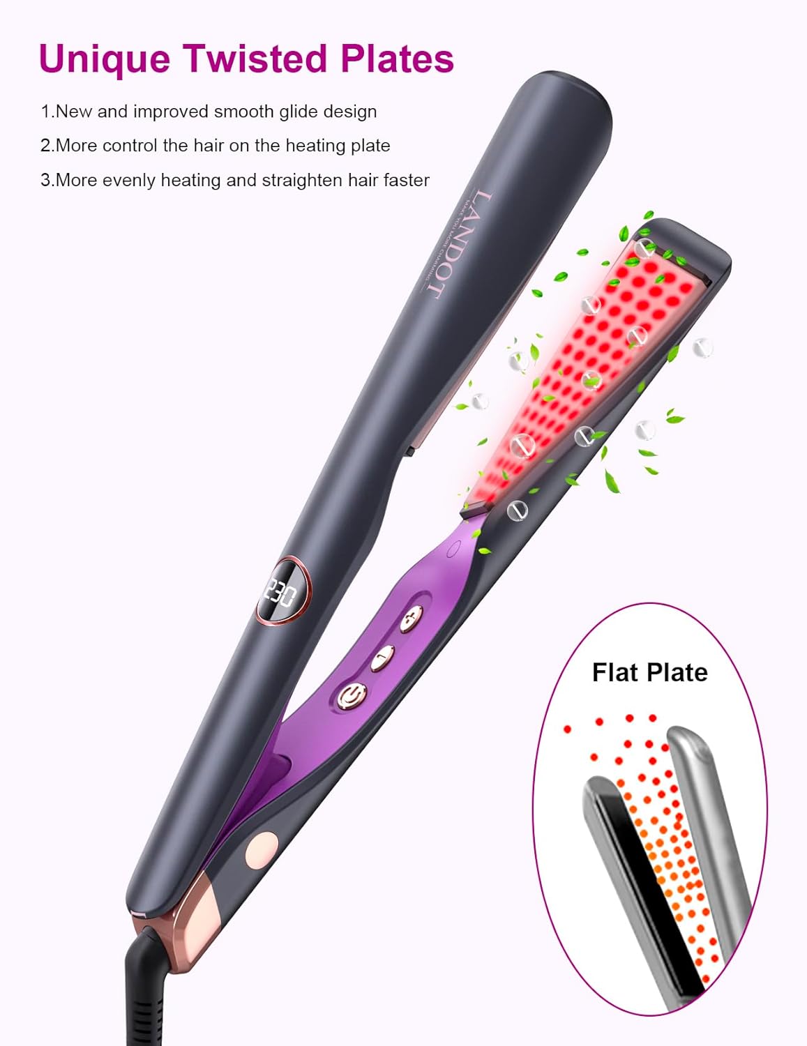 LANDOT 2-in-1 Hair Straightener and Curler - Twist Flat Iron Curling Iron for Smooth Curls & Sleek Straight Salon Results - Dual Voltage Ceramic Straightener Adjustable Temp for All Hair Types